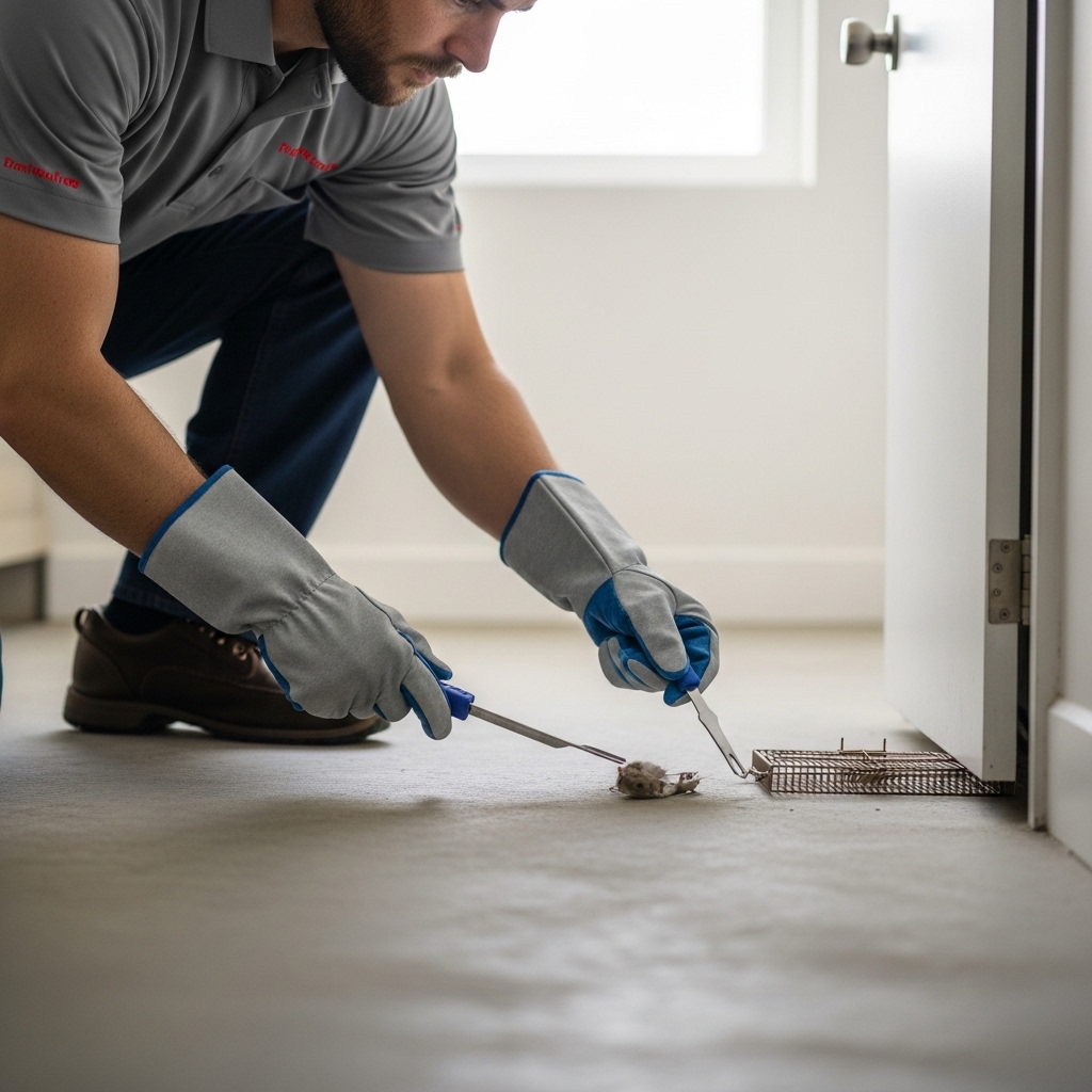 Pest control technician inspecting property for mice and rat activity