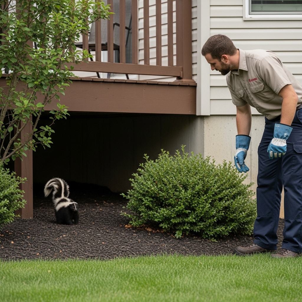 Wildlife control technician managing skunk activity near residential property exterior