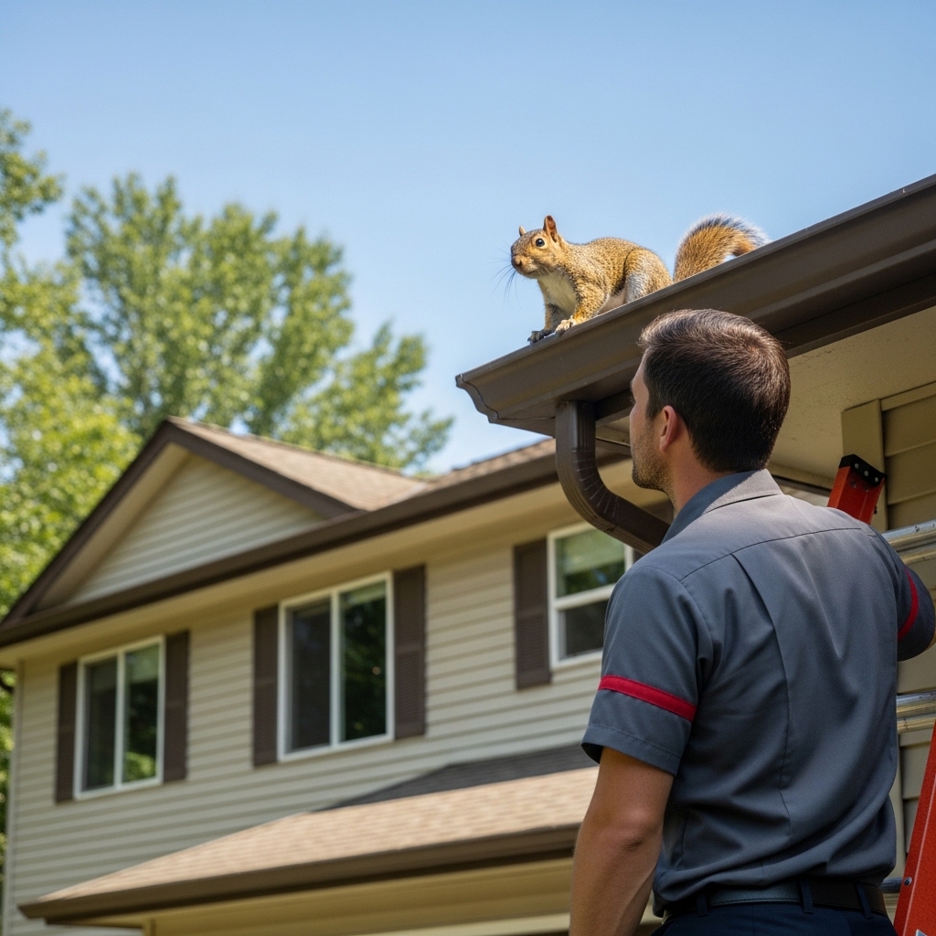 Technician performing professional squirrel removal from residential attic and roofline area