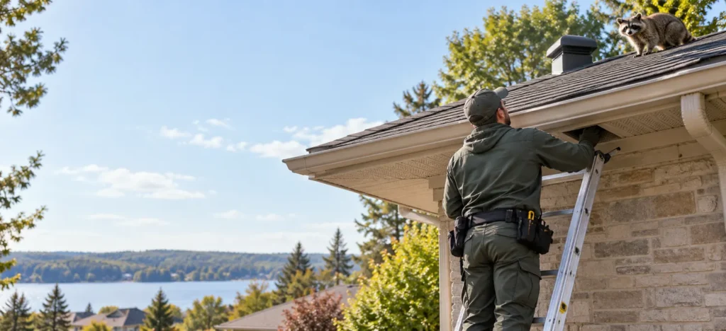 Illustration of a technician assessing a roof vent for wildlife access