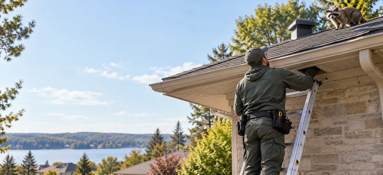 Wildlife technician inspecting a residential roof vent with a raccoon nearby