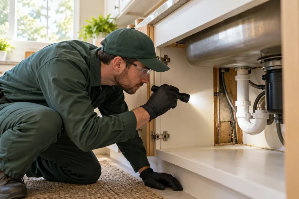 Pest control technician inspecting a plumbing entry gap beneath a kitchen sink