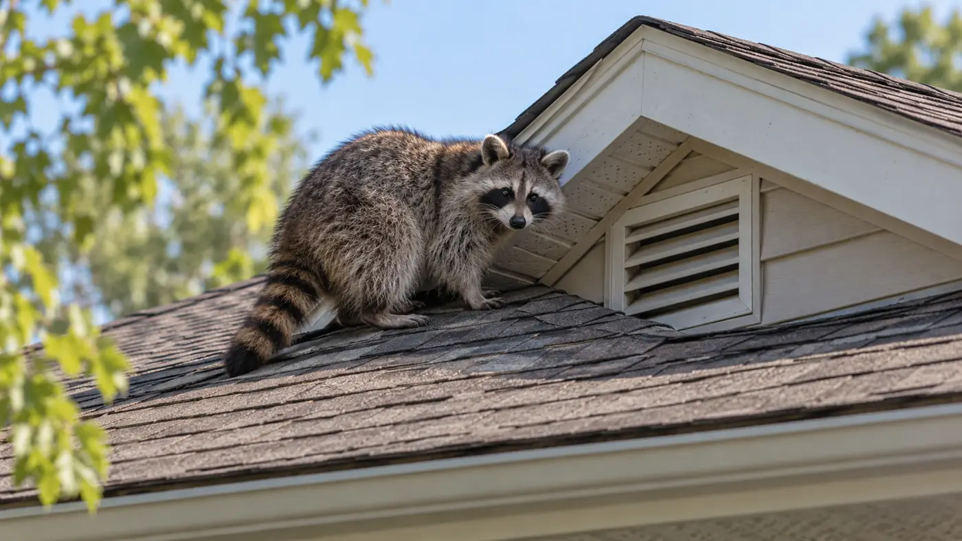 Raccoon beside a residential roof vent