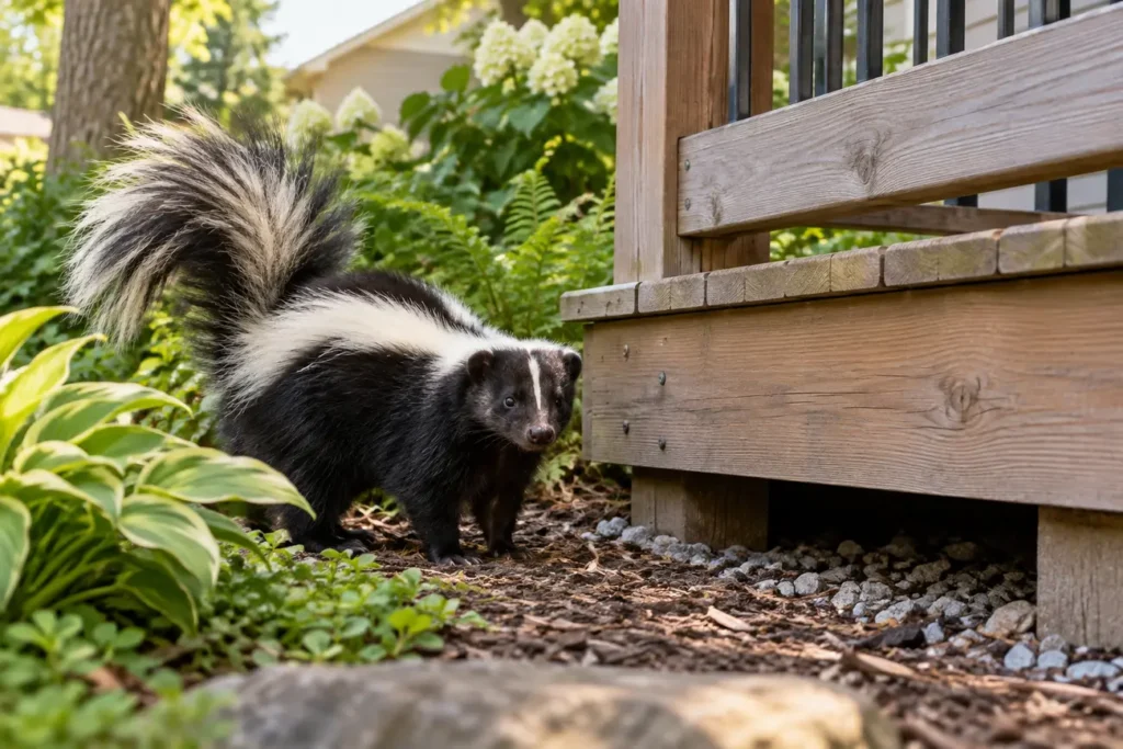 Skunk beside an opening under a wooden deck