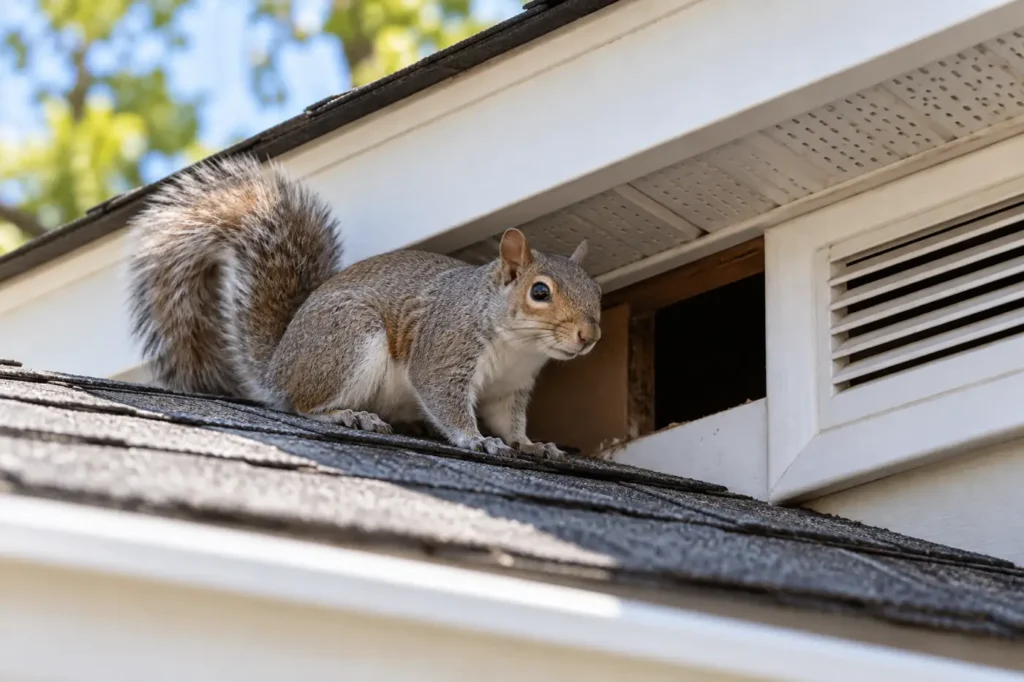 Squirrel beside a roof soffit opening