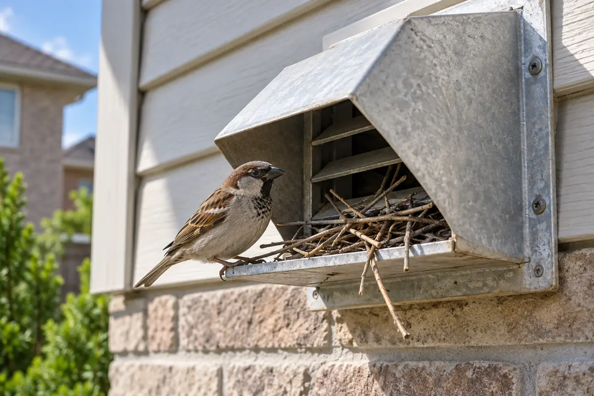 Bird beside an exterior vent with nesting twigs, illustrating bird removal and vent protection