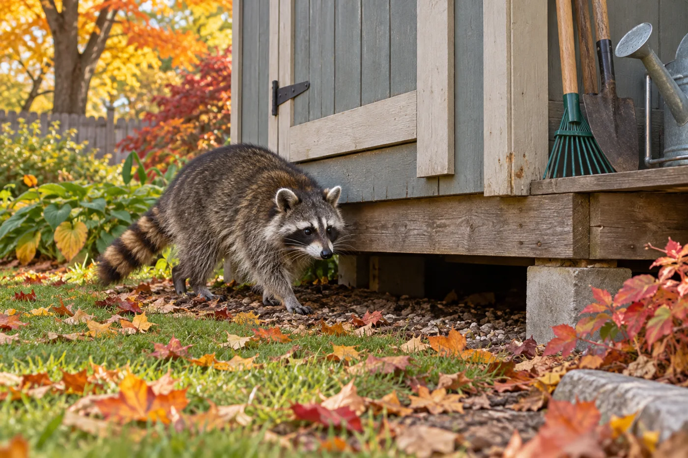 Raccoon walking beside a sheltered gap under a raised garden shed — representative illustration