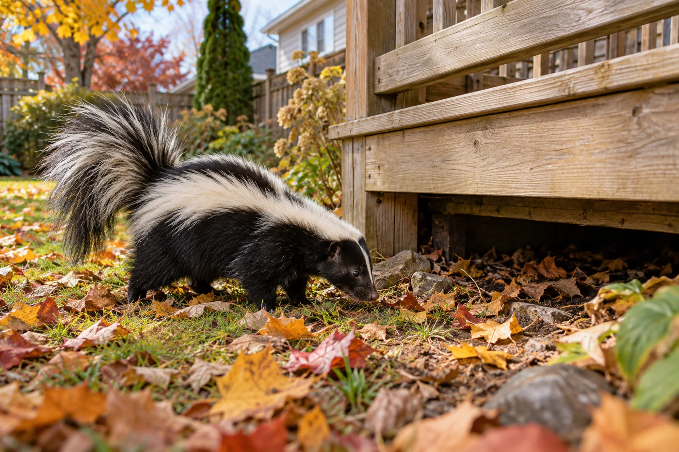 Striped skunk beside an open gap beneath a wooden deck — representative illustration