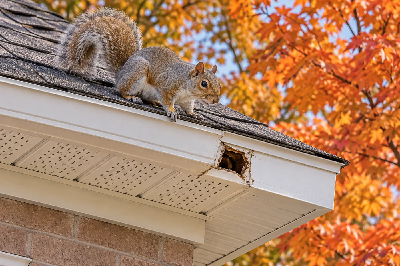 Gray squirrel on roof shingles beside a damaged soffit edge — representative illustration