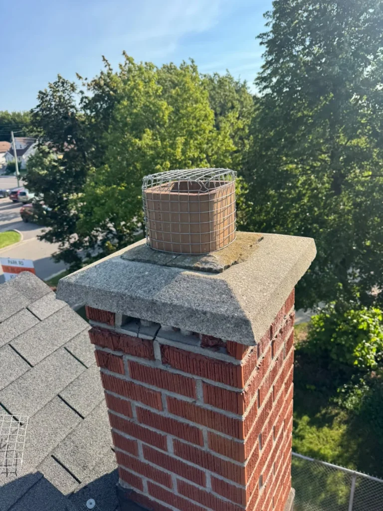 Protective wire screening fitted over the chimney flue.