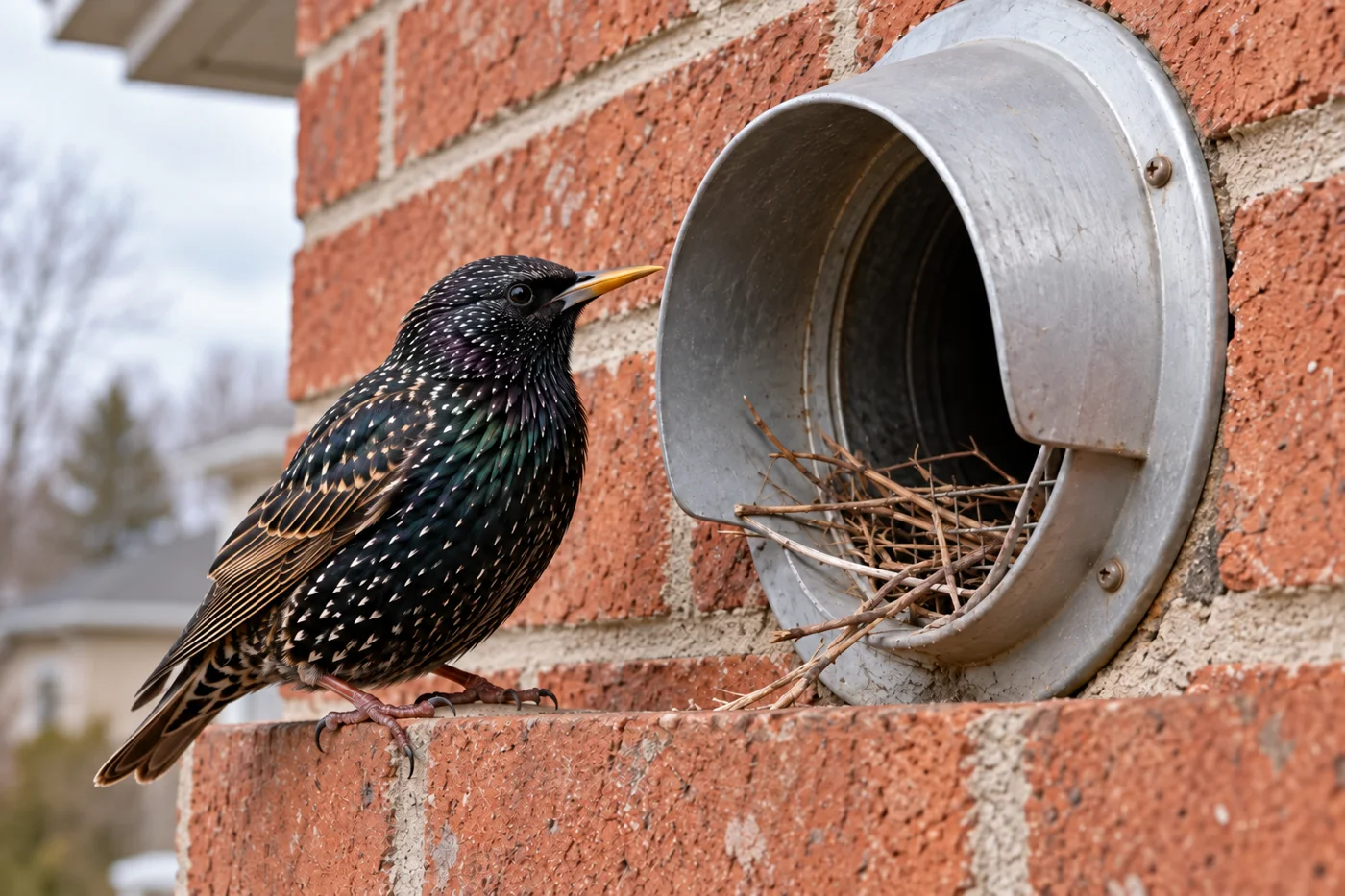 Starling beside an open exterior vent with nesting twigs on a brick wall — representative illustration