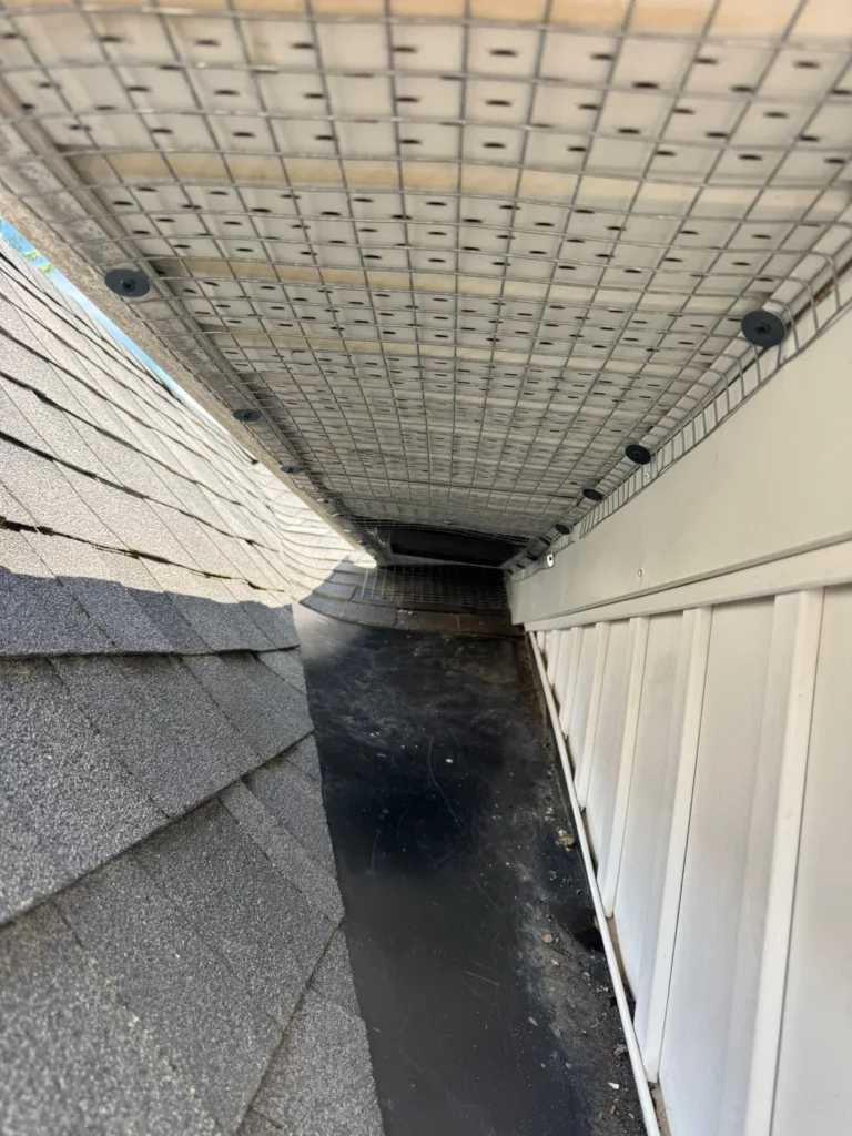 Wire screening fitted beneath a soffit along the roof junction.