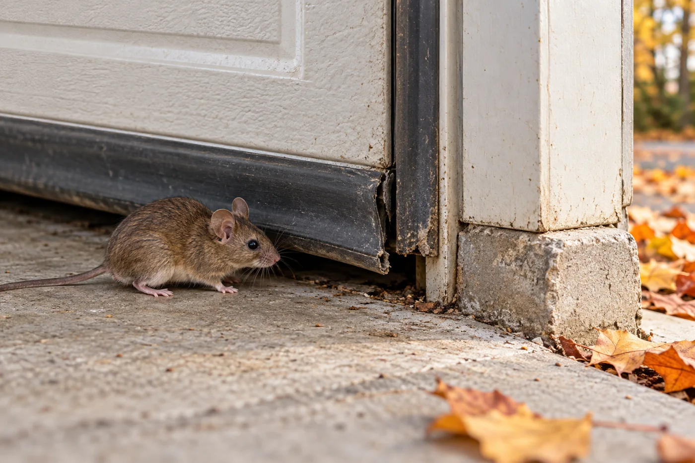 House mouse beside worn weather stripping at a garage-door corner — representative illustration
