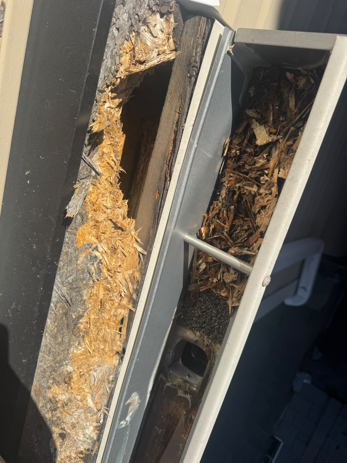 Damaged roof-edge wood and exposed opening beside a gutter