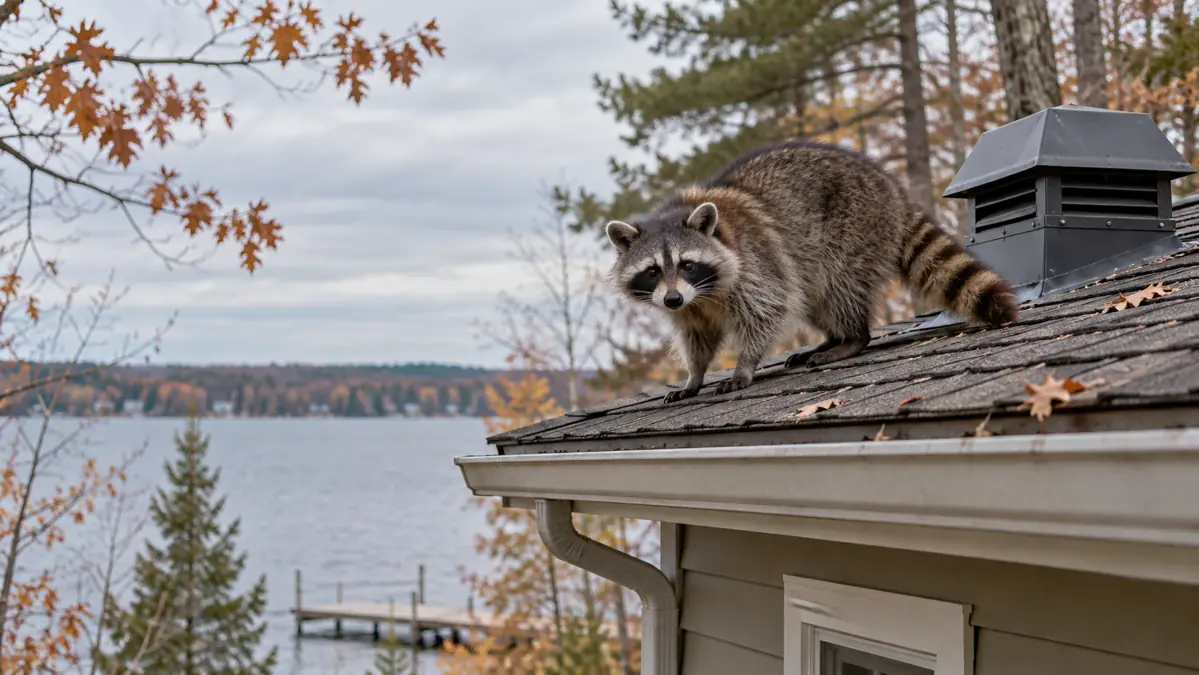 Representative raccoon near a lakeside cottage roof vent