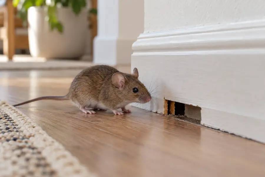 House mouse beside a small baseboard opening, illustrating entry-point inspection
