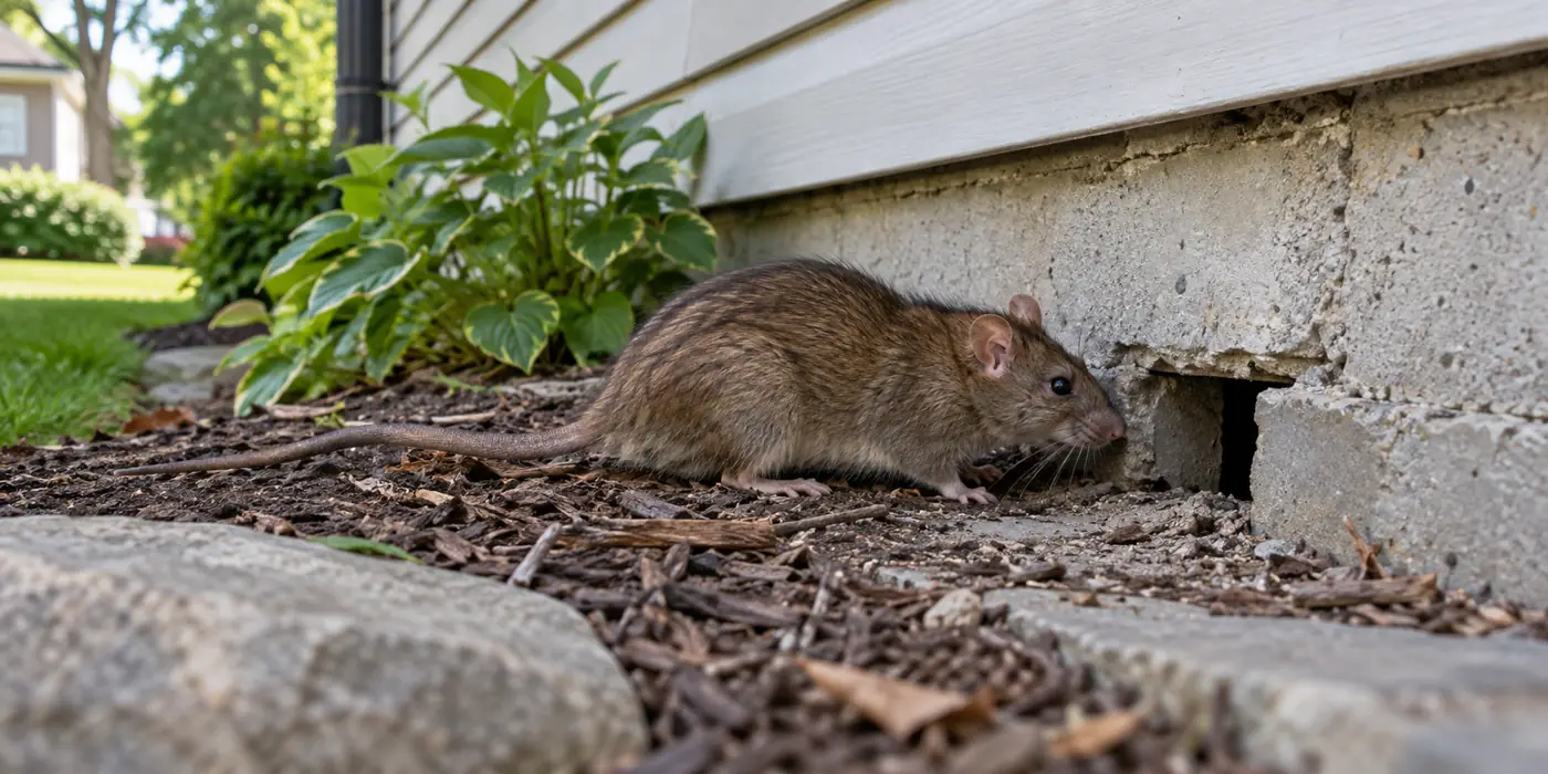 Brown rat beside a foundation opening, illustrating rat entry-point inspection