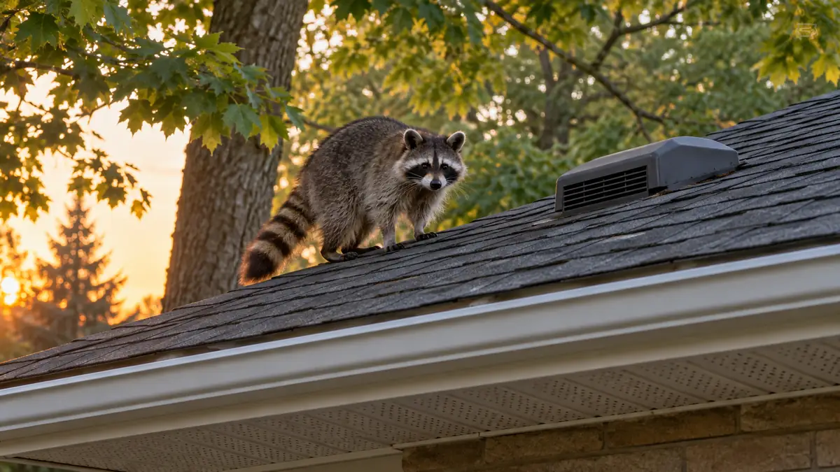 Representative raccoon near a roof vent and mature trees
